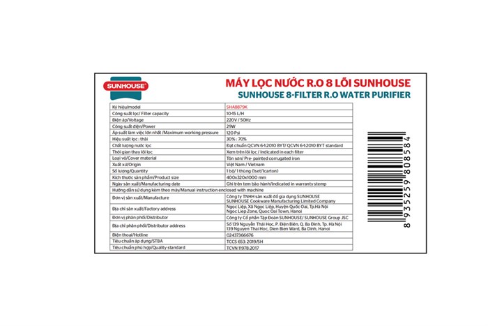 Máy lọc nước RO Sunhouse SHA8879K 8 lõi Màu Đen