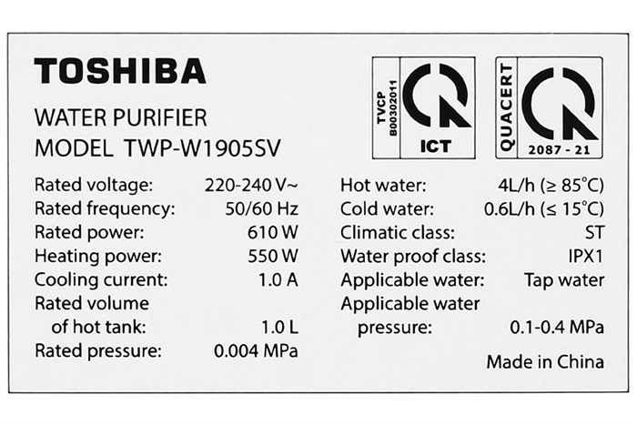 Máy lọc nước RO nóng nguội lạnh Toshiba TWP-W1905SV(MB) 3 lõi Màu Trắng