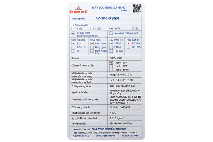 Máy lọc nước RO lọc nước mặn, nước lợ ROBOT SPRING-X9GN 9 lõi Màu Đen Xanh