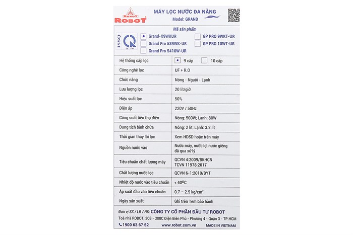 Máy lọc nước RO nóng nguội lạnh ROBOT GRAND-X9WKUR 9 lõi Màu Trắng