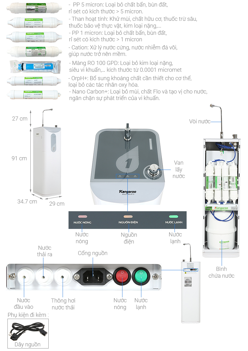 Máy lọc nước RO nóng nguội lạnh Hydrogen Kangaroo KG100HS 7 lõi