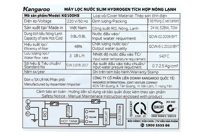 Máy lọc nước RO nóng nguội lạnh Hydrogen Kangaroo KG100HS 7 lõi Màu Trắng