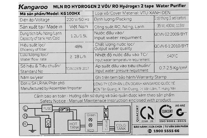 Máy lọc nước RO nóng nguội lạnh Hydrogen Kangaroo KG100HX VTU 10 lõi Màu Trắng - Đen