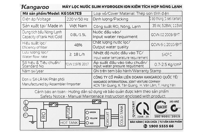 Máy lọc nước RO nóng nguội lạnh Hydrogen Kangaroo KG10A7ES 5 lõi Màu Trắng