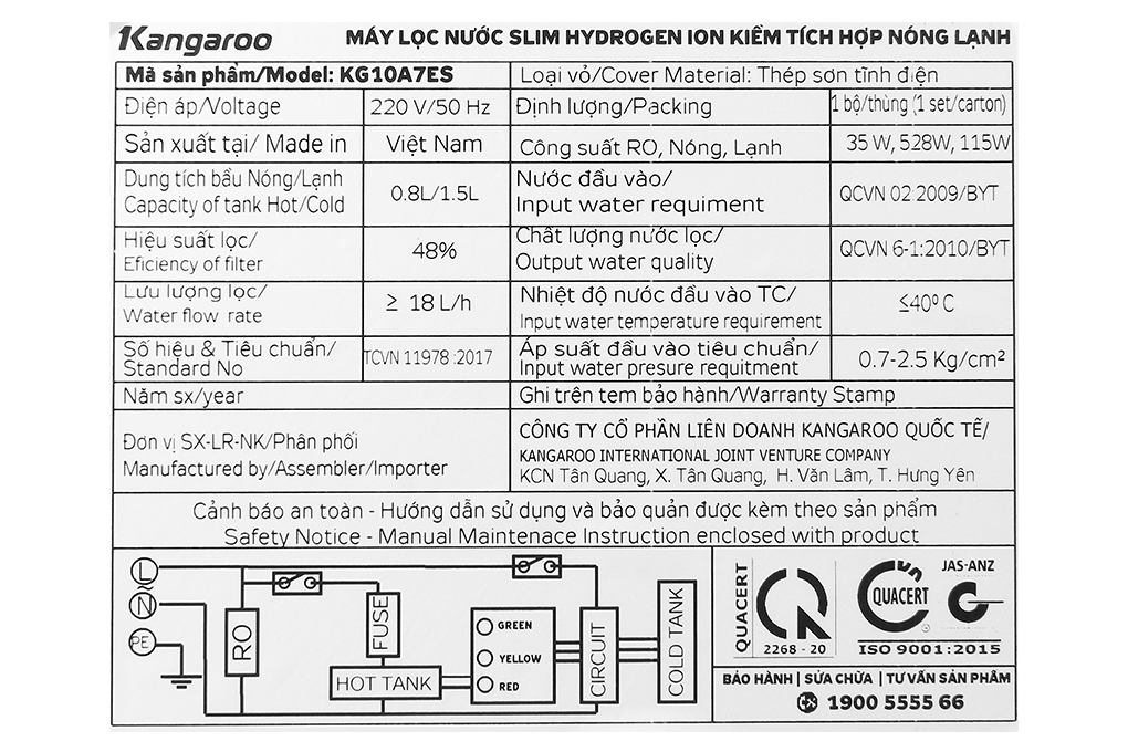 Máy lọc nước RO nóng nguội lạnh Hydrogen Kangaroo KG10A7ES 5 lõi Màu Trắng