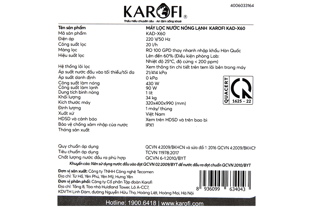 Máy lọc nước RO nóng nguội lạnh Karofi KAD-X60 10 lõi Màu Đen