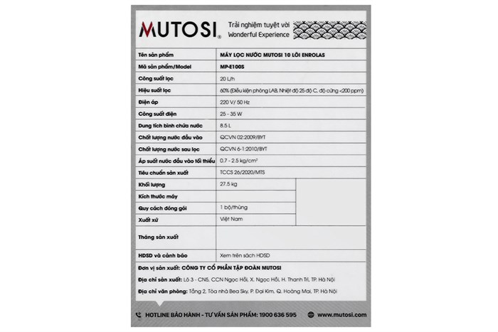 Máy lọc nước RO Mutosi MP-E100S 10 lõi Màu Đen