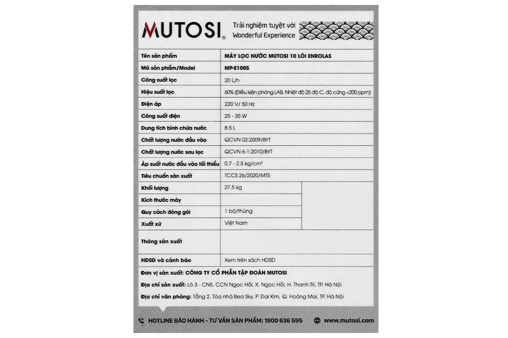 Máy lọc nước RO Mutosi MP-E100S 10 lõi Màu Đen
