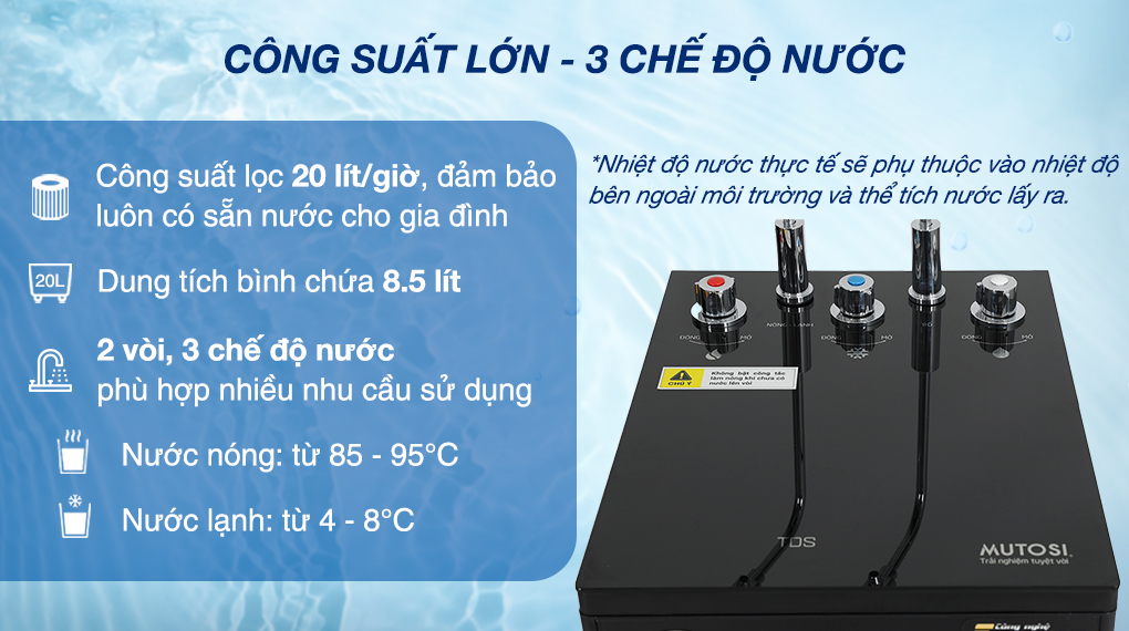 Công suất, chế độ nước - Máy lọc nước RO nóng lạnh Mutosi MP-6100HCE