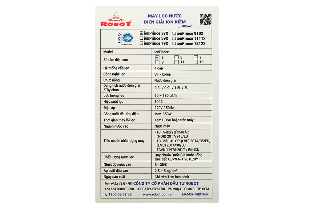 Máy lọc nước điện giải ion kiềm ROBOT IonPrince 37X 3 tấm điện cực - 18
