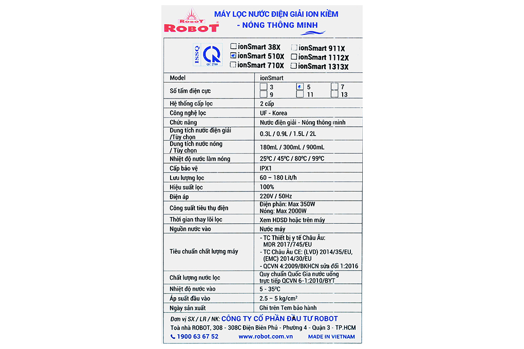 Máy lọc nước điện giải ion kiềm nóng nguội ROBOT IonSmart 510X 5 tấm điện cực Màu Đen