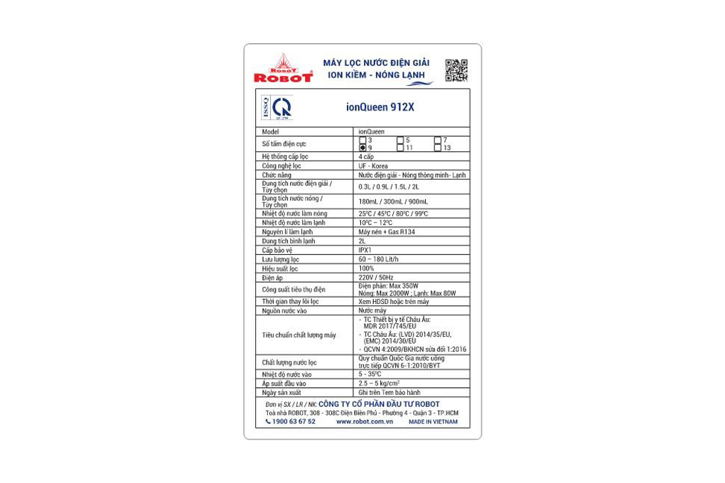 Máy lọc nước điện giải ion kiềm nóng nguội lạnh ROBOT IonQueen 912X 9 tấm điện cực Màu Đen