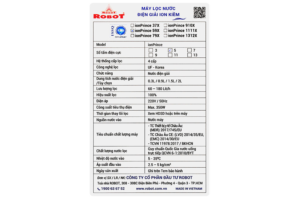 Máy lọc nước điện giải ion kiềm ROBOT IonPrince 59X 5 tấm điện cực Màu Đen