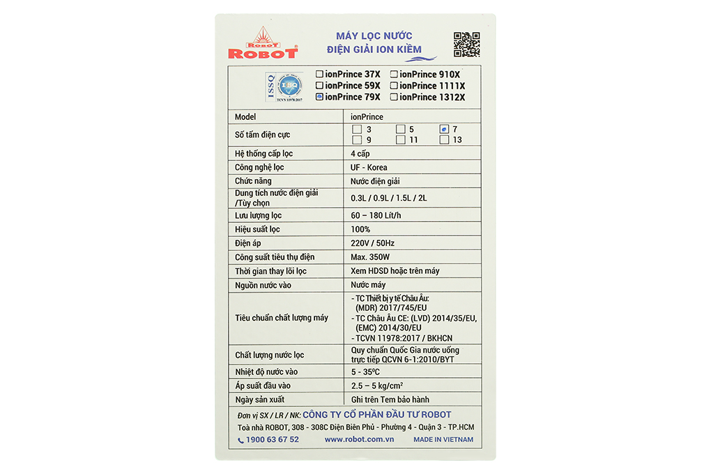 Máy lọc nước điện giải ion kiềm ROBOT IonPrince 79X 7 tấm điện cực Màu Đen
