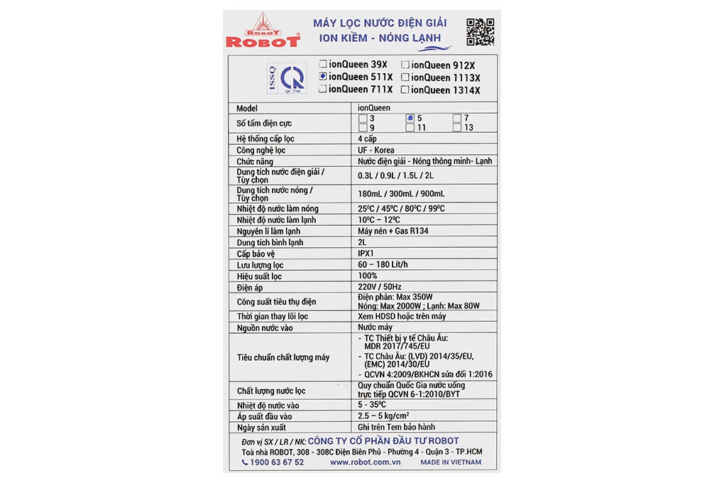 Máy lọc nước điện giải ion kiềm nóng nguội lạnh ROBOT IonQueen 511X 5 tấm điện cực Màu Đen