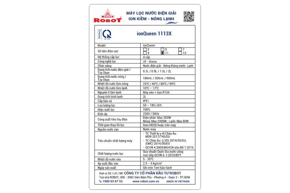 Máy lọc nước điện giải ion kiềm nóng nguội lạnh ROBOT IonQueen 1113X 11 tấm điện cực Màu Đen