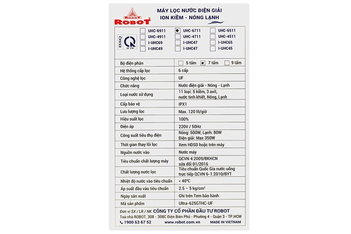 Máy lọc nước điện giải ion kiềm nóng nguội lạnh ROBOT UHC-6711X 4 lõi 7 tấm điện cực Màu Trắng - Đen