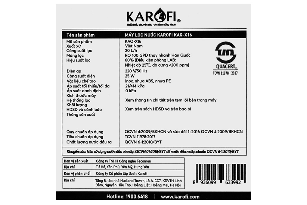Máy lọc nước RO Karofi KAQ-X16 10 lõi Màu Đen
