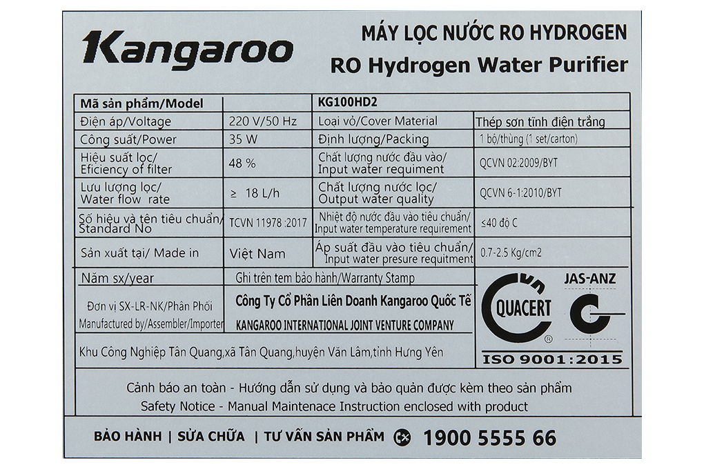 Máy lọc nước RO Hydrogen Kangaroo KG100HD2 8 lõi Màu Trắng
