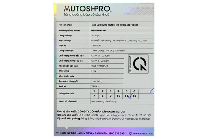 Máy lọc nước RO nóng nguội lạnh Hydrogen Mutosi Pro Plus MP-F081-HC4H5 8 lõi Màu Đen