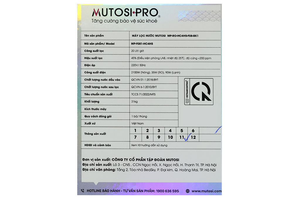 Máy lọc nước RO nóng nguội lạnh Hydrogen Mutosi Pro Plus MP-F081-HC4H5 8 lõi Màu Đen