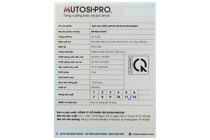 Máy lọc nước RO nóng nguội lạnh Hydrogen Mutosi Pro MP-F081-HC4H3 8 lõi Màu Đen