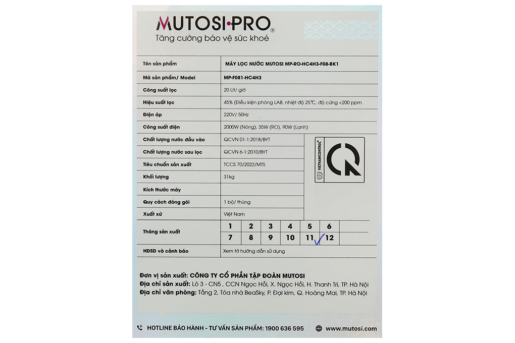 Máy lọc nước RO nóng nguội lạnh Hydrogen Mutosi Pro MP-F081-HC4H3 8 lõi Màu Đen