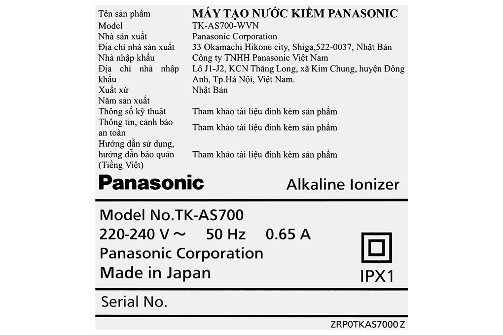 Máy lọc nước điện giải ion kiềm Panasonic TK-AS700 5 tấm điện cực Màu Trắng - Đen