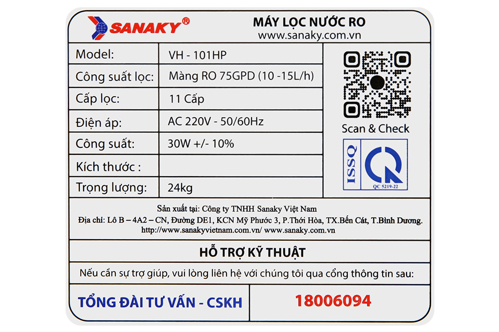 Máy lọc nước RO Sanaky VH101HP 11 lõi Màu Trắng - Đen