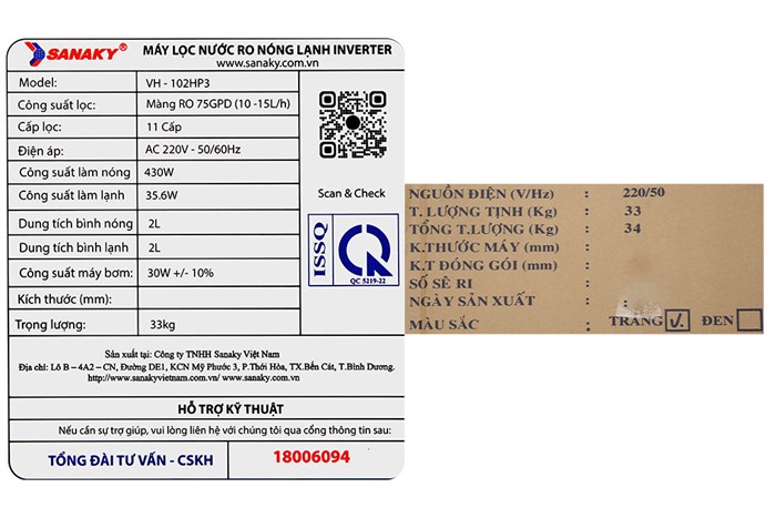 Máy lọc nước RO nóng nguội lạnh Sanaky Inverter VH102HP3 11 lõi Màu Trắng - Đen
