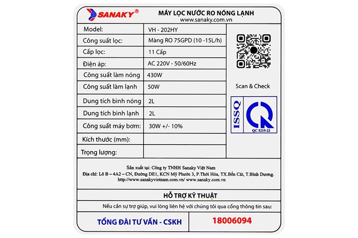 Máy lọc nước RO nóng nguội lạnh Sanaky VH202HY 11 lõi Màu Trắng - Đen