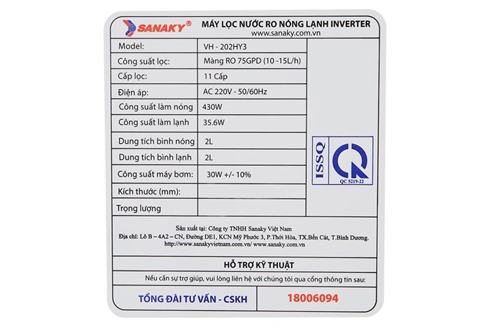 Máy lọc nước RO nóng nguội lạnh Sanaky Inverter VH202HY3 11 lõi Màu Trắng - Đen