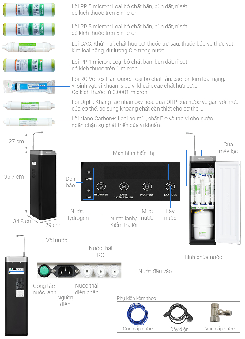 Máy lọc nước RO Hydrogen nguội lạnh Kangaroo Waterfall KG100EW 7 lõi