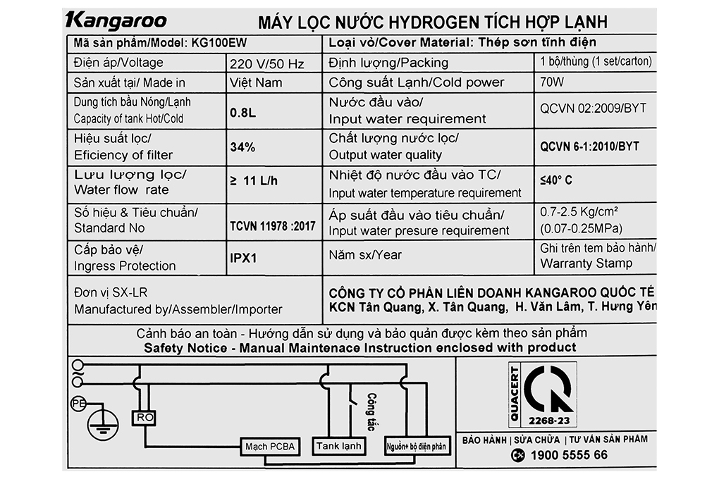 Máy lọc nước RO Hydrogen nguội lạnh Kangaroo Waterfall KG100EW 7 lõi Màu Đen