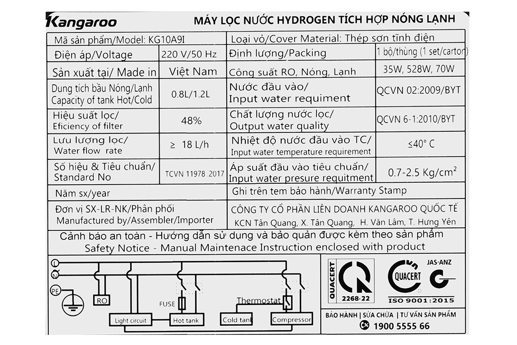 Máy lọc nước RO nóng nguội lạnh Hydrogen Kangaroo Infinity KG10A9I 8 lõi Màu Đen