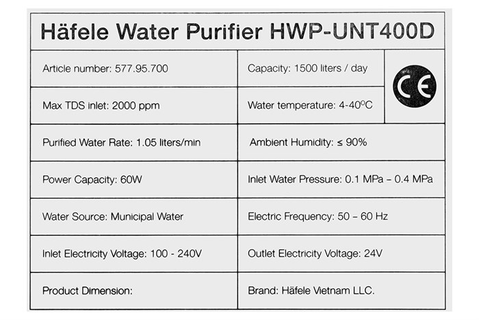 Máy lọc nước RO Hafele HWP-UNT400D 3 lõi Màu Trắng