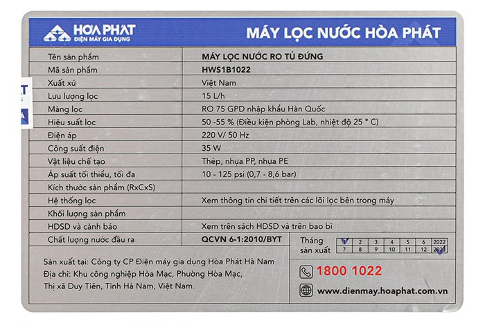 Máy lọc nước RO Hydrogen Hòa Phát HWS1B 1022 10 lõi Màu Trắng
