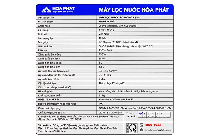 Máy lọc nước RO nóng nguội lạnh Hydrogen Hòa Phát HWBS3A 1021 10 lõi Màu Trắng