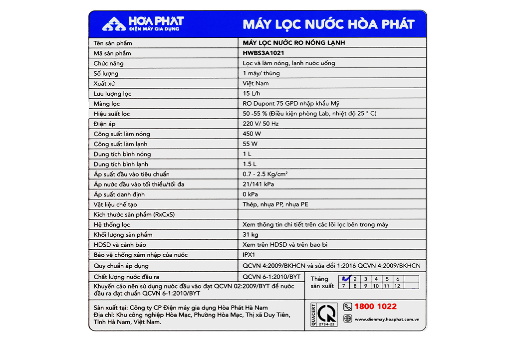 Máy lọc nước RO nóng nguội lạnh Hydrogen Hòa Phát HWBS3A 1021 10 lõi Màu Trắng