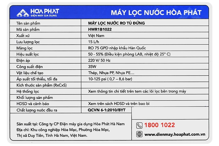 Máy lọc nước RO Hòa Phát HWR1B 1022 10 lõi Màu Đen