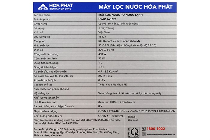 Máy lọc nước RO nóng nguội lạnh Hydrogen Hòa Phát HWBS1A 1021 10 lõi Màu Trắng