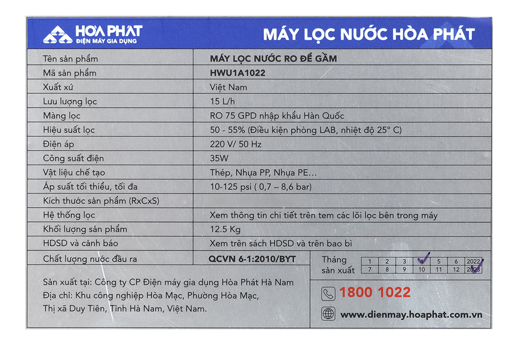 Máy lọc nước RO Hydrogen Hòa Phát HWU1A 1022 10 lõi Màu Trắng