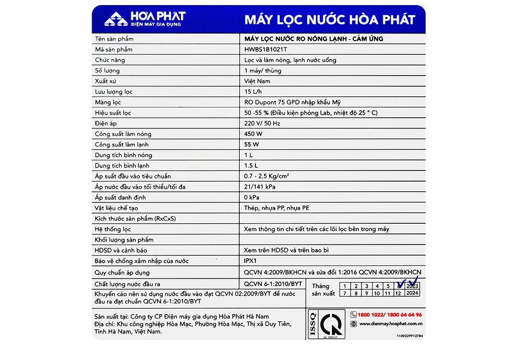 Máy lọc nước RO nóng nguội lạnh Hòa Phát HWBS1B 1021T 10 lõi Màu Trắng