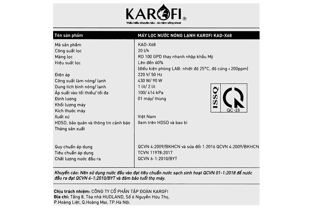 Máy lọc nước RO nóng nguội lạnh Hydrogen Karofi KAD-X68 11 lõi Màu Đen