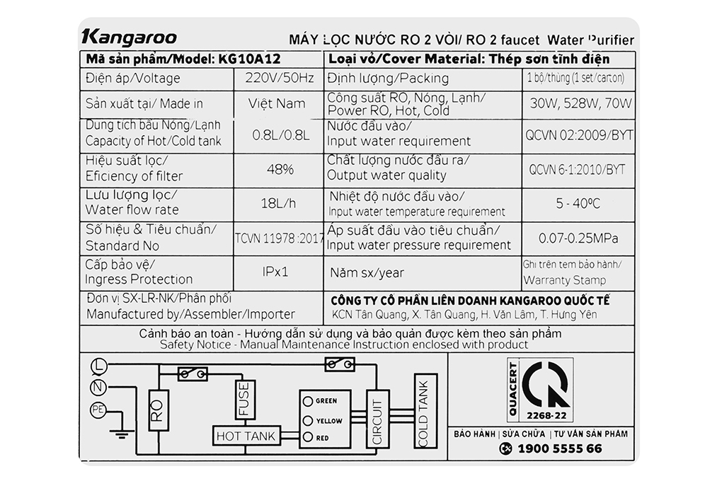 Máy lọc nước RO nóng nguội lạnh Hydrogen Kangaroo KG10A12 10 lõi Màu Đen