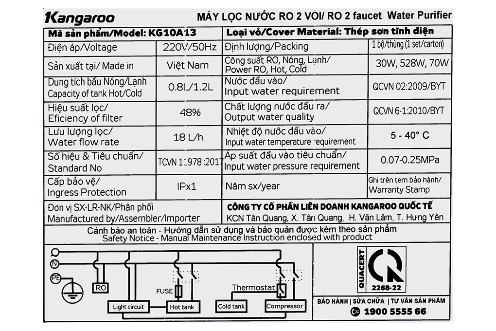 Máy lọc nước RO nóng nguội lạnh Hydrogen Kangaroo KG10A13 10 lõi Màu Đen