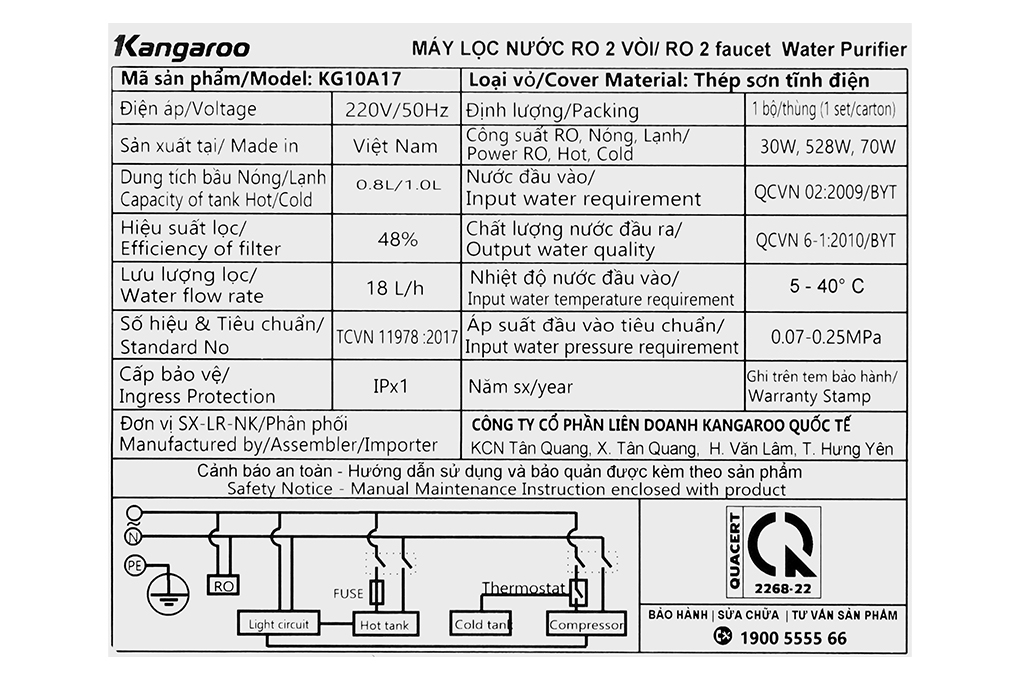 Máy lọc nước RO nóng nguội lạnh Kangaroo KG10A17 10 lõi Màu Đen