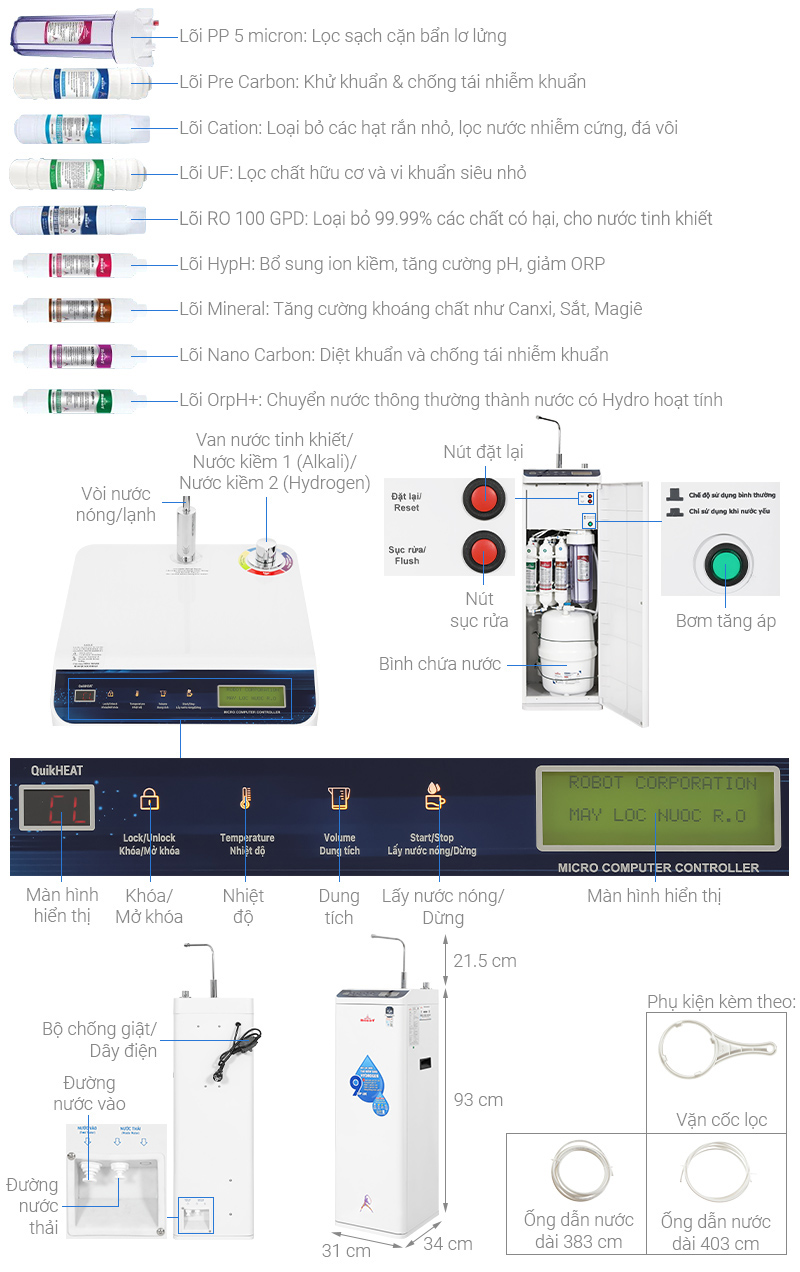 Máy lọc nước RO nóng nguội Hydrogen ROBOT HydroMegaPlus-9X 9 lõi