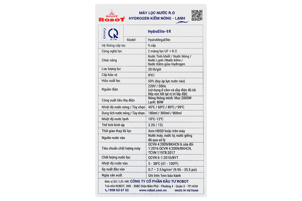 Máy lọc nước RO nóng nguội lạnh Hydrogen ROBOT HydroElite-9X 9 lõi Màu Trắng