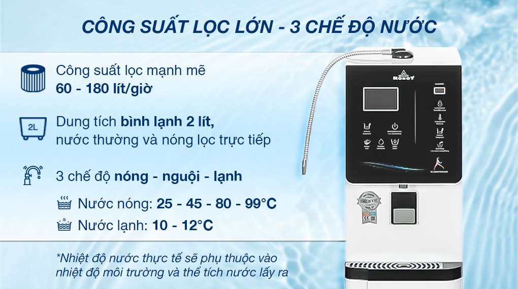 Máy lọc nước điện giải ion kiềm nóng nguội lạnh ROBOT IonKing 711X 6 lõi 7 tấm điện cực - Công suất, dung tích bình chứa